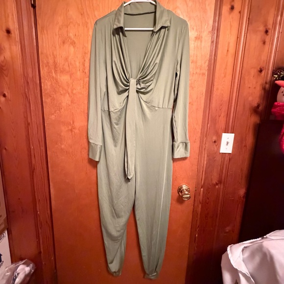 None Pants - Olive Green Long-Sleeve Twist Front Jumpsuit